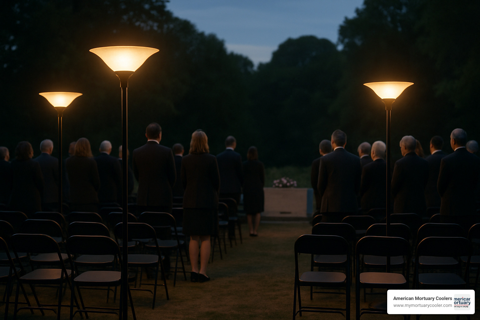 Portable torchiere lamps being used at an outdoor memorial service - funeral home torchiere lamps