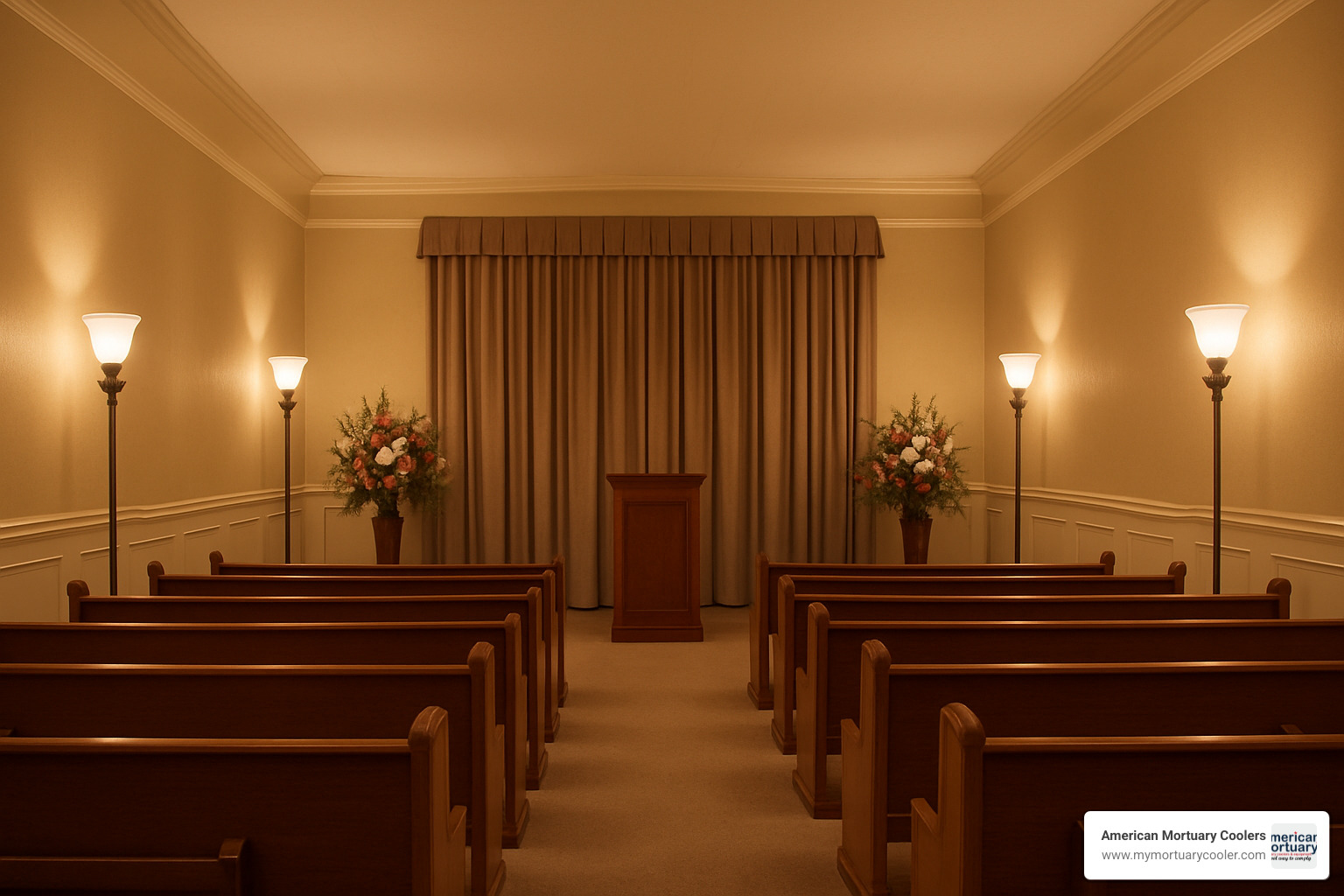 Funeral home chapel with strategically placed torchiere lamps creating soft, ambient lighting - funeral home torchiere lamps