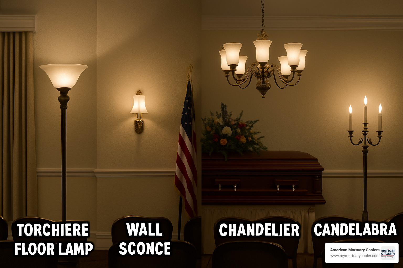 Side-by-side comparison of different funeral home lighting types: torchiere lamp, wall sconce, chandelier, and candelabra - funeral home torchiere lamps