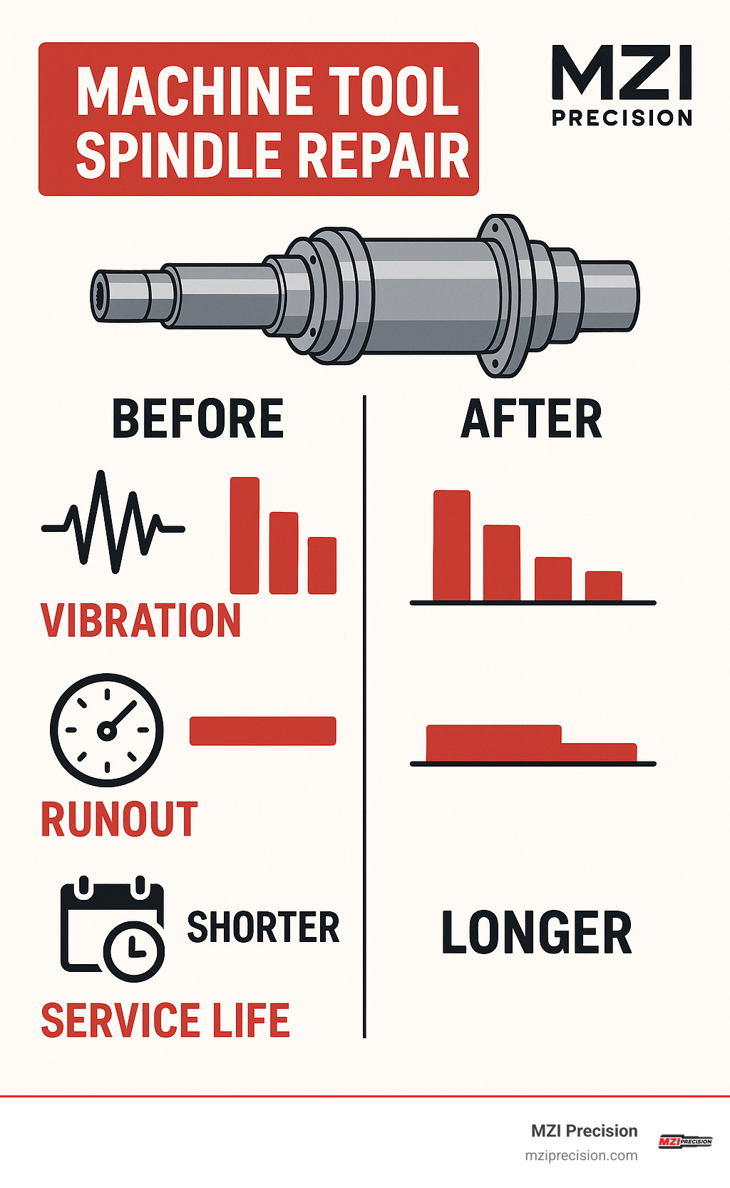 Detailed infographic showing spindle performance metrics before and after professional repair, including vibration levels, runout measurements, and expected service life - Machine Tool Spindle Repair infographic 