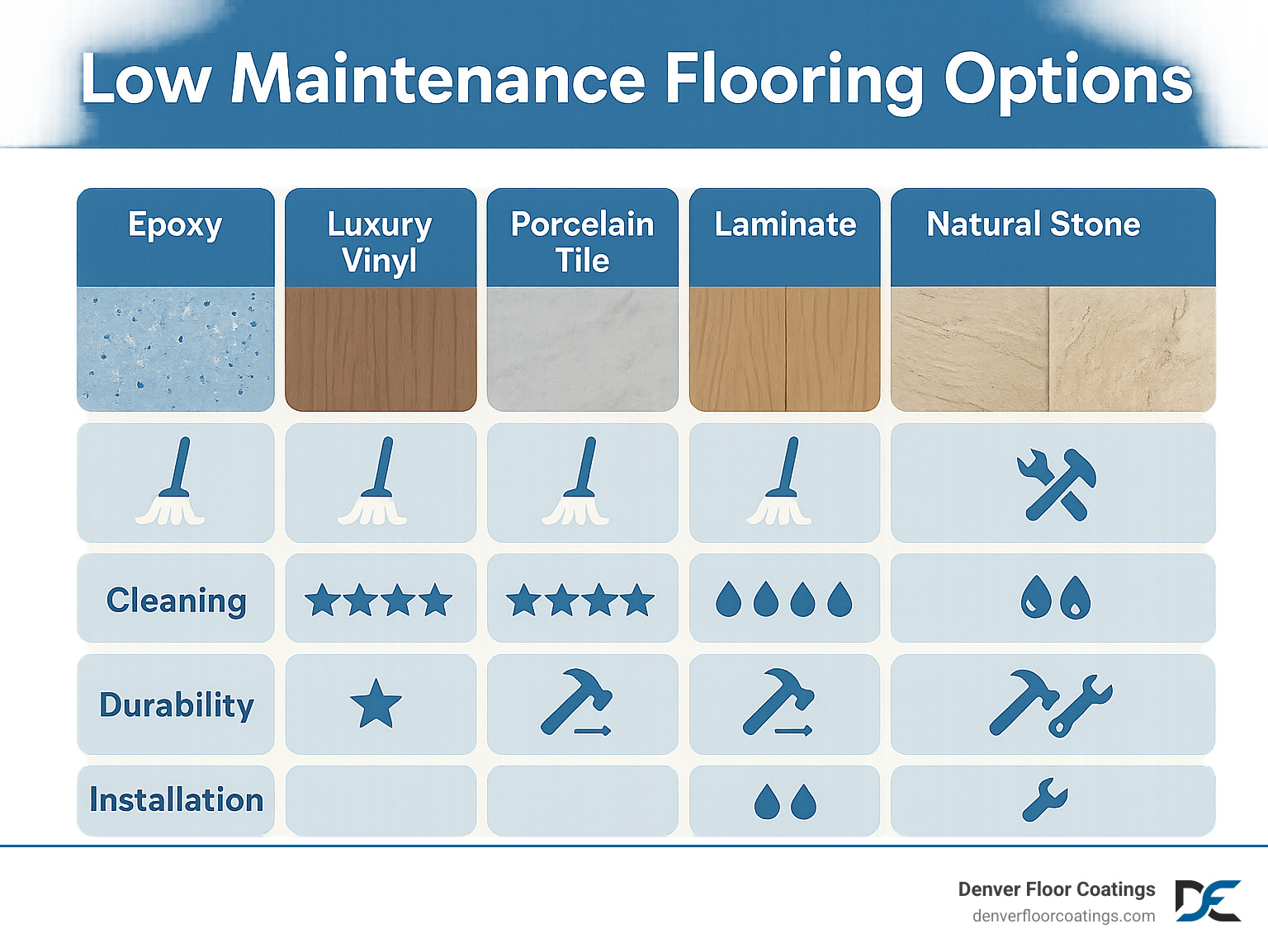 Comparison of low maintenance flooring options showing epoxy, luxury vinyl, porcelain tile, laminate and natural stone with their cleaning requirements, durability ratings, water resistance, and installation complexity - Low maintenance flooring options infographic Comparison of low maintenance flooring options showing epoxy, luxury vinyl, porcelain tile, laminate and natural stone with their cleaning requirements, durability ratings, water resistance, and installation complexity - Low maintenance flooring options infographic