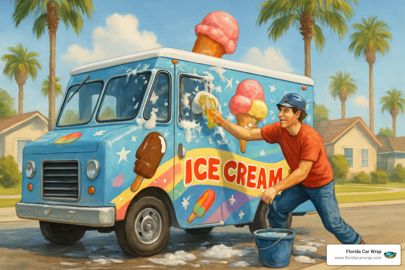 ice cream truck being hand washed - ice cream truck wrap