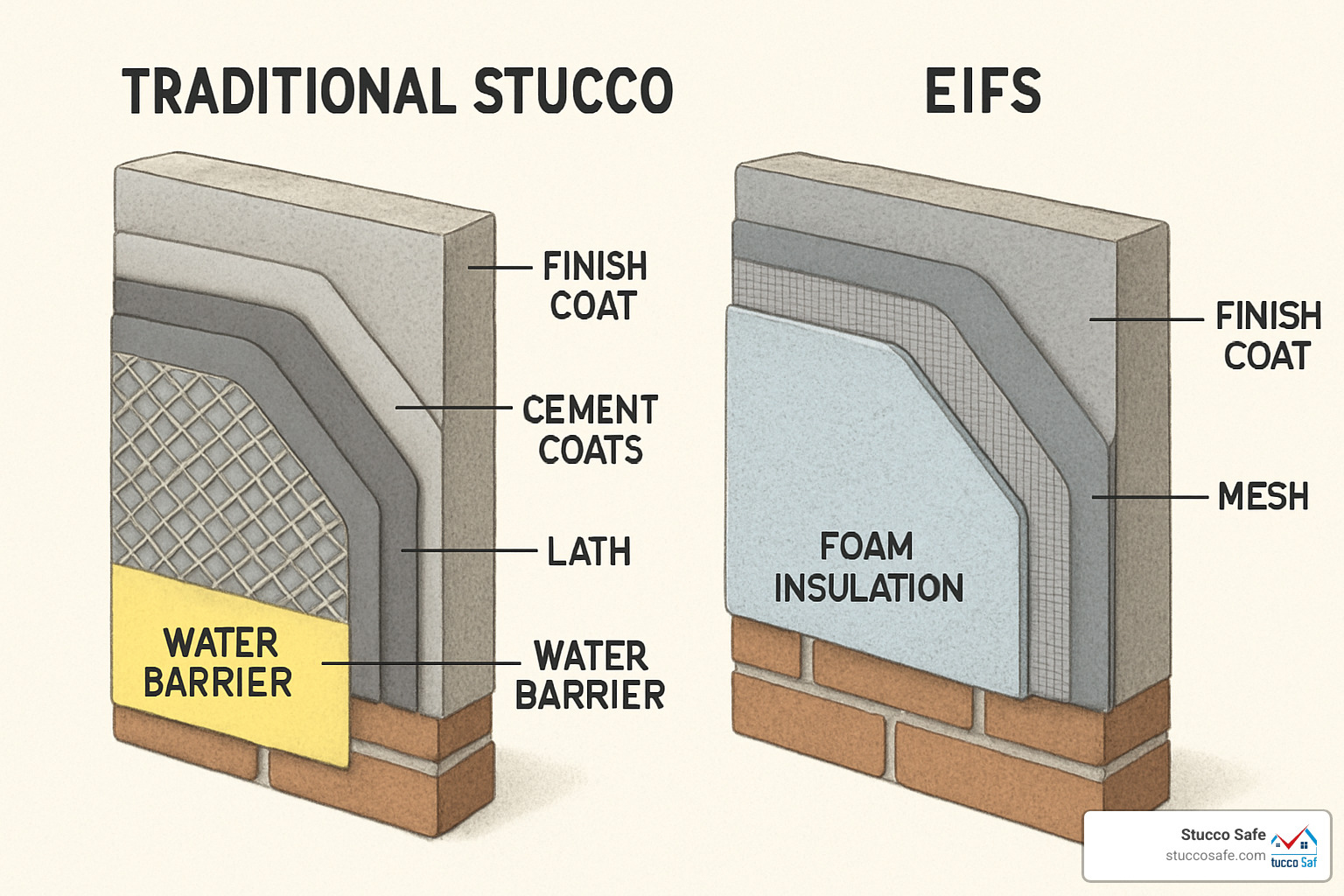 Cross-section comparison of traditional stucco and EIFS showing layers and components - certified stucco inspector NJ