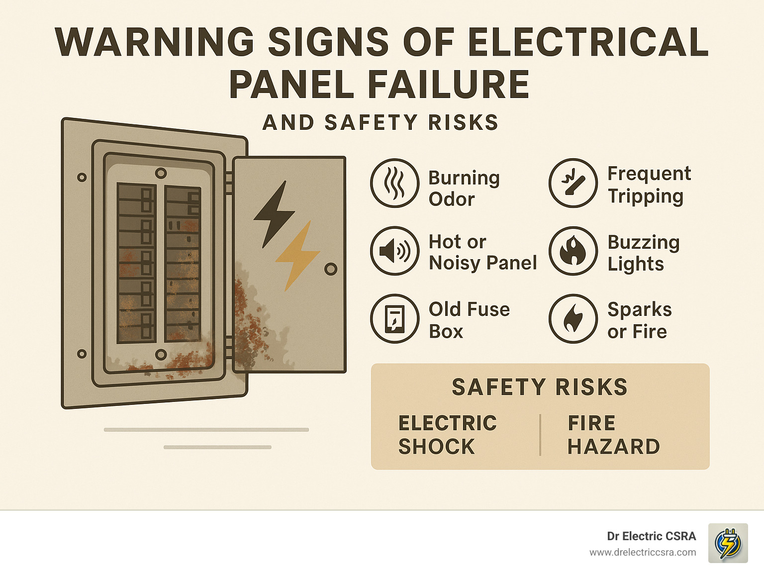 Warning signs of electrical panel failure infographic highlighting safety risks like burning odor, frequent tripping, buzzing lights, and old fuse box, with emphasis on electric shock and fire hazards, branded by Dr Electric CSRA.