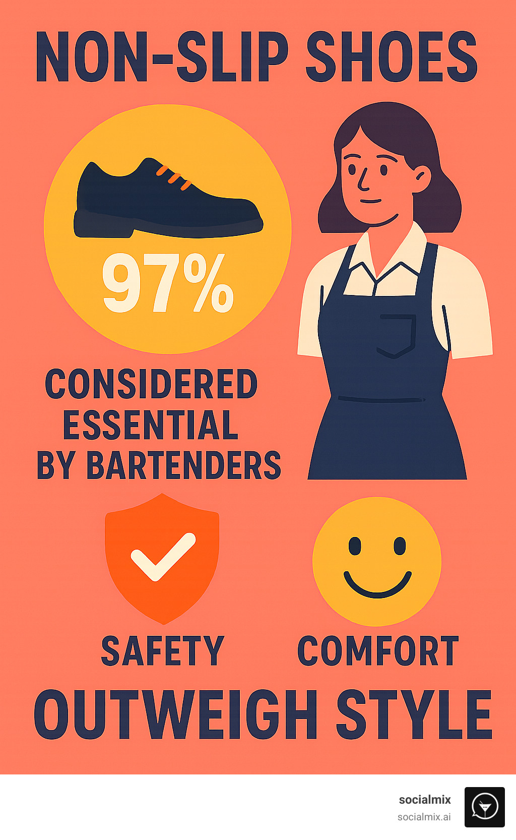 Statistics showing that non-slip shoes are considered essential by nearly all bartenders, with safety and comfort outweighing style considerations - classy female bartender outfits infographic 