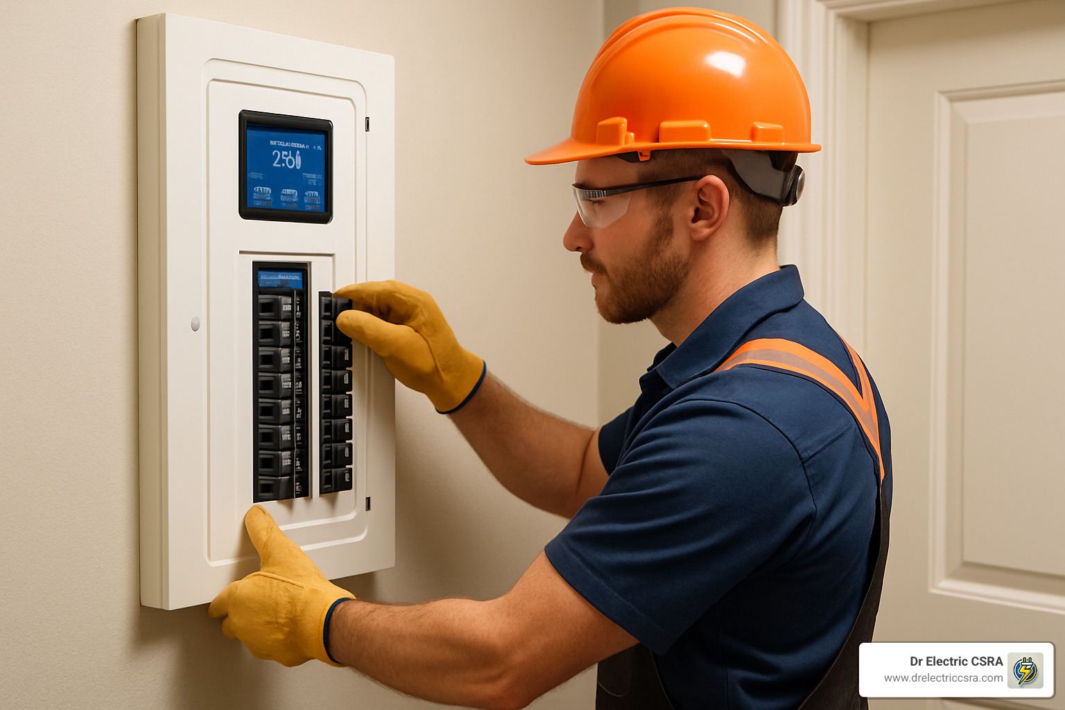 Electrician wearing an orange hard hat and gloves operating a smart electrical panel, illustrating modern energy management technology for home safety and efficiency.
