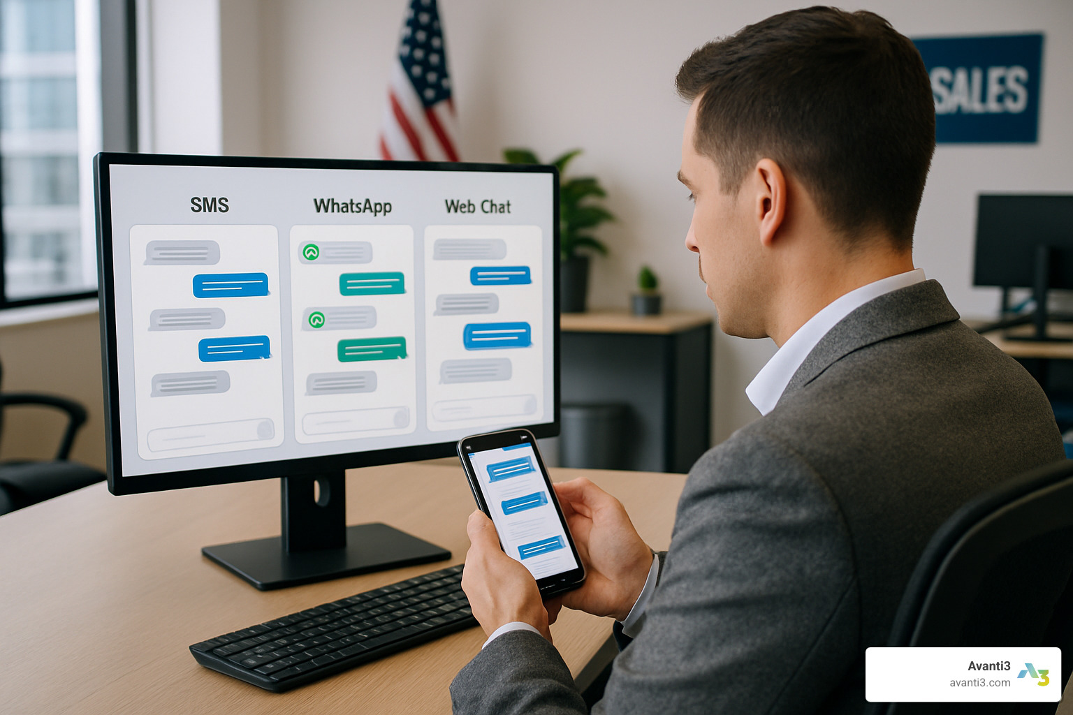 Multiple digital engagement channels showing on a mobile device and desktop interface - digital engagement for sales cloud