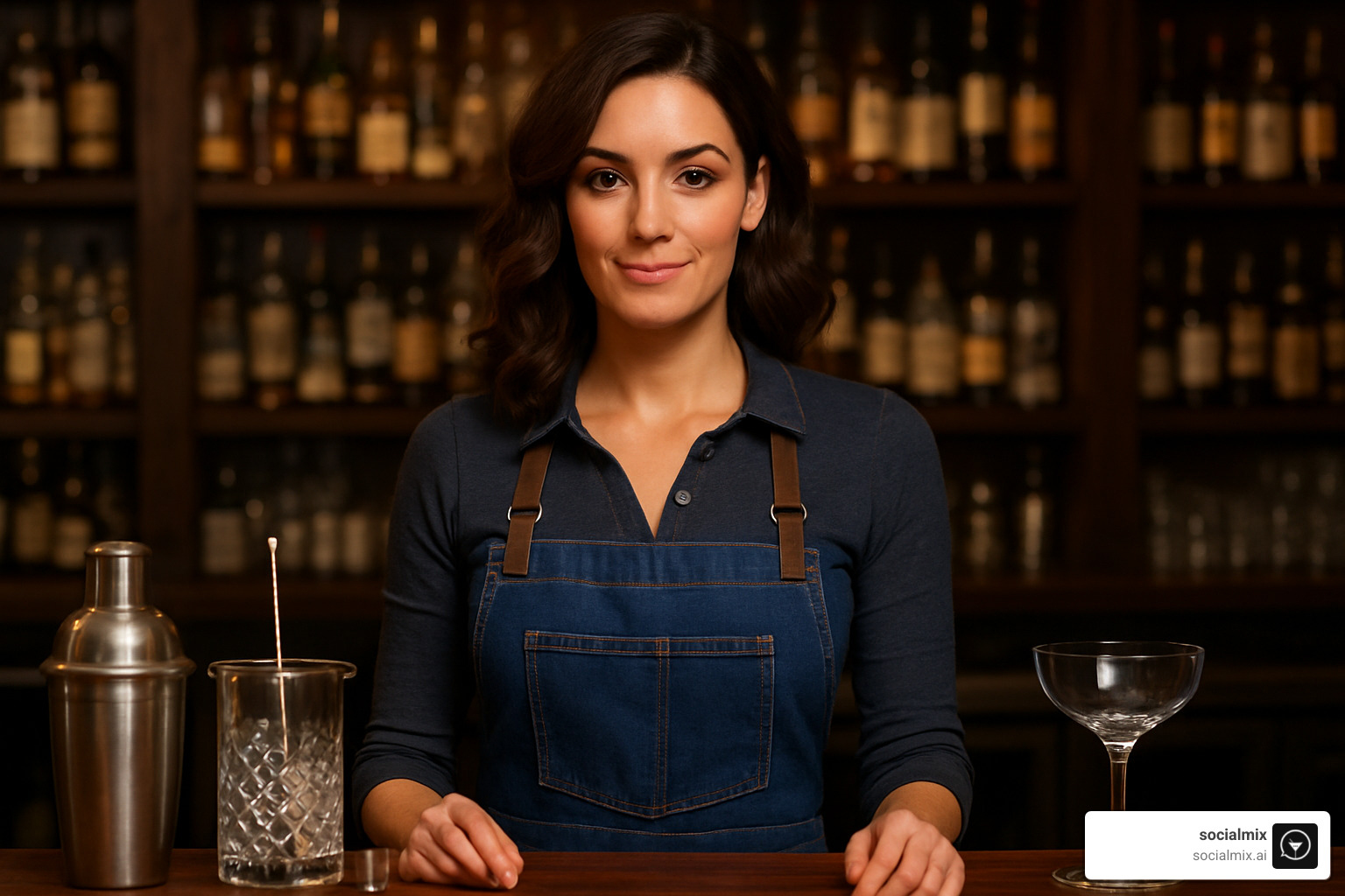 henley shirt with denim apron - classy female bartender outfits