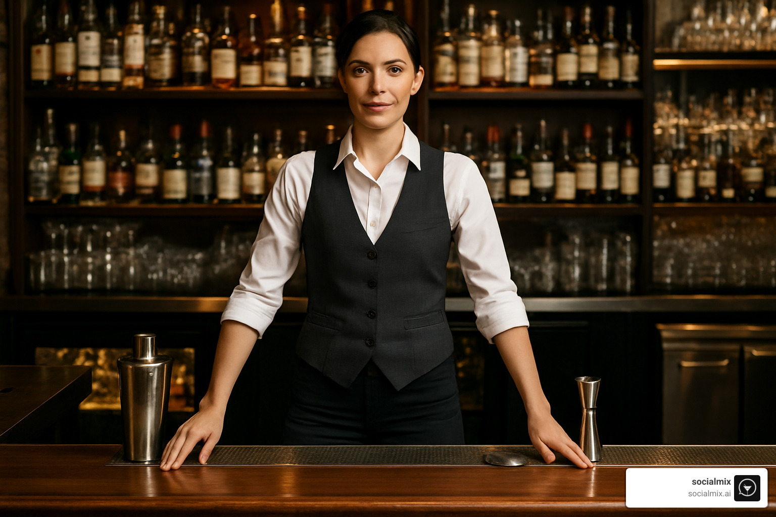 bartender vest and oxford shirt combo - classy female bartender outfits