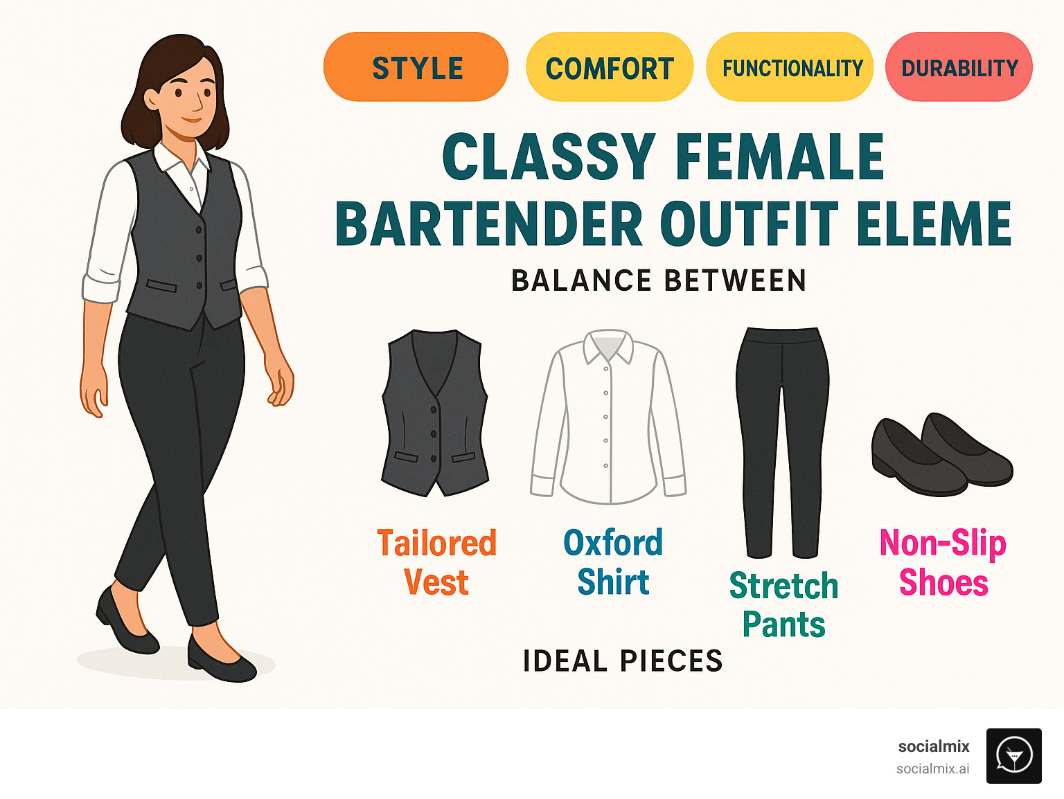 Classy female bartender outfit elements showing the balance between style, comfort, functionality and durability with examples of ideal pieces including custom vests, oxford shirts, stretch pants, and non-slip shoes - classy female bartender outfits infographic 