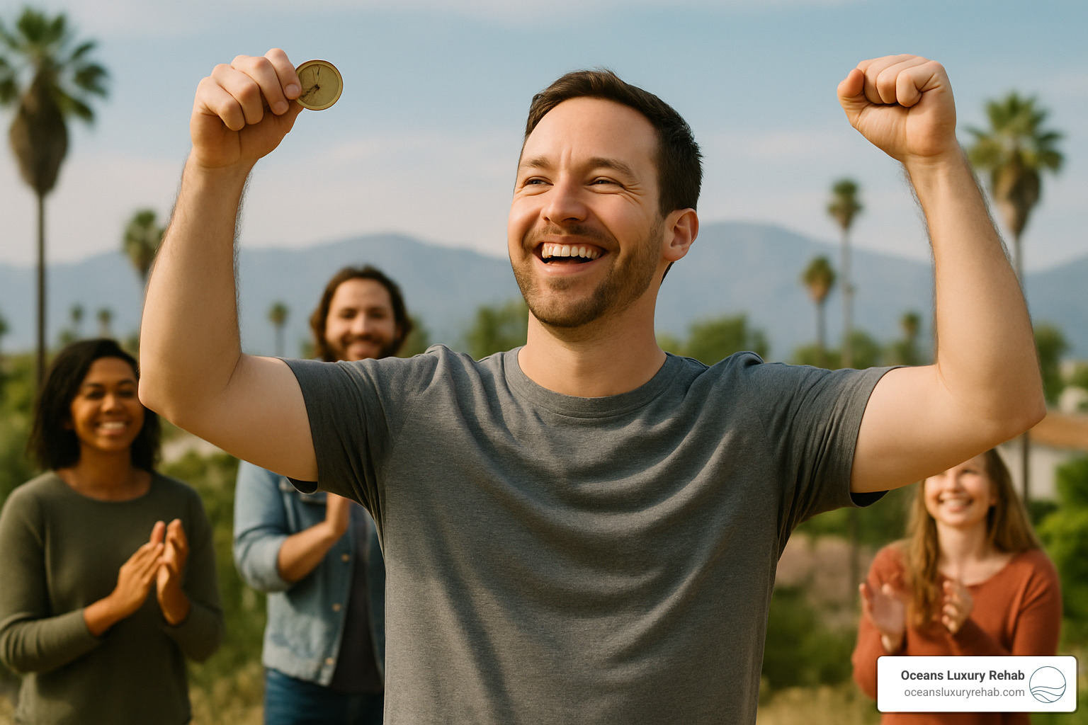 Person celebrating recovery milestone - Comprehensive addiction treatment