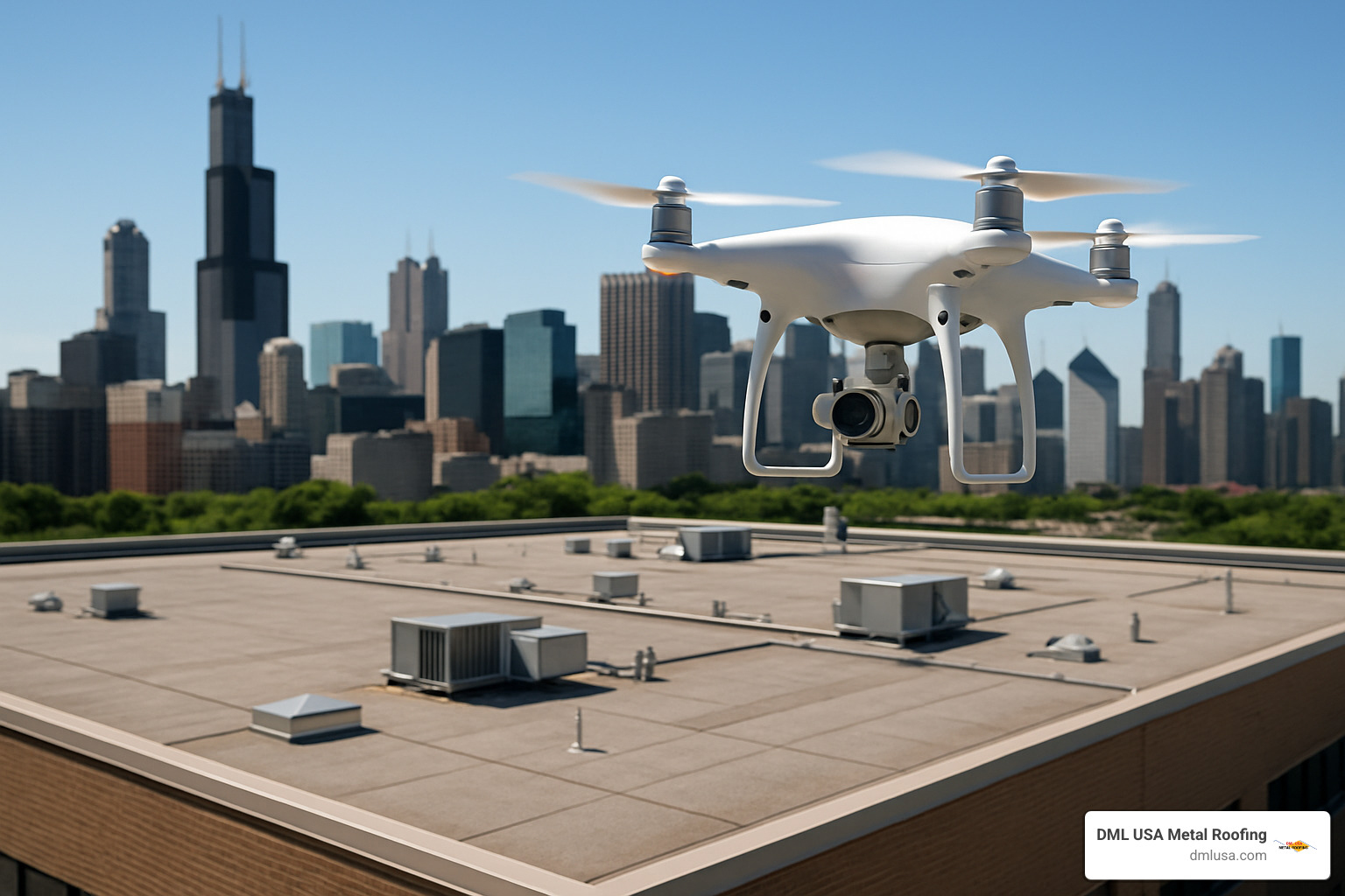 drone performing commercial roof inspection in Chicago - commercial roofing Chicago