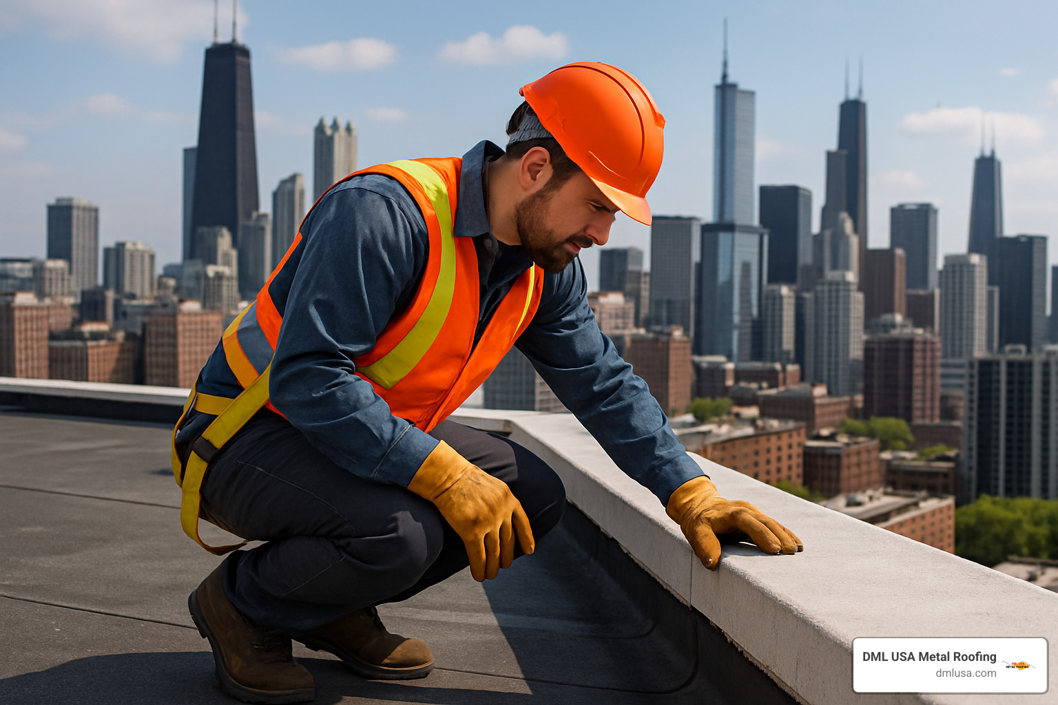 contractor inspecting commercial roof edge in Chicago - commercial roofing Chicago