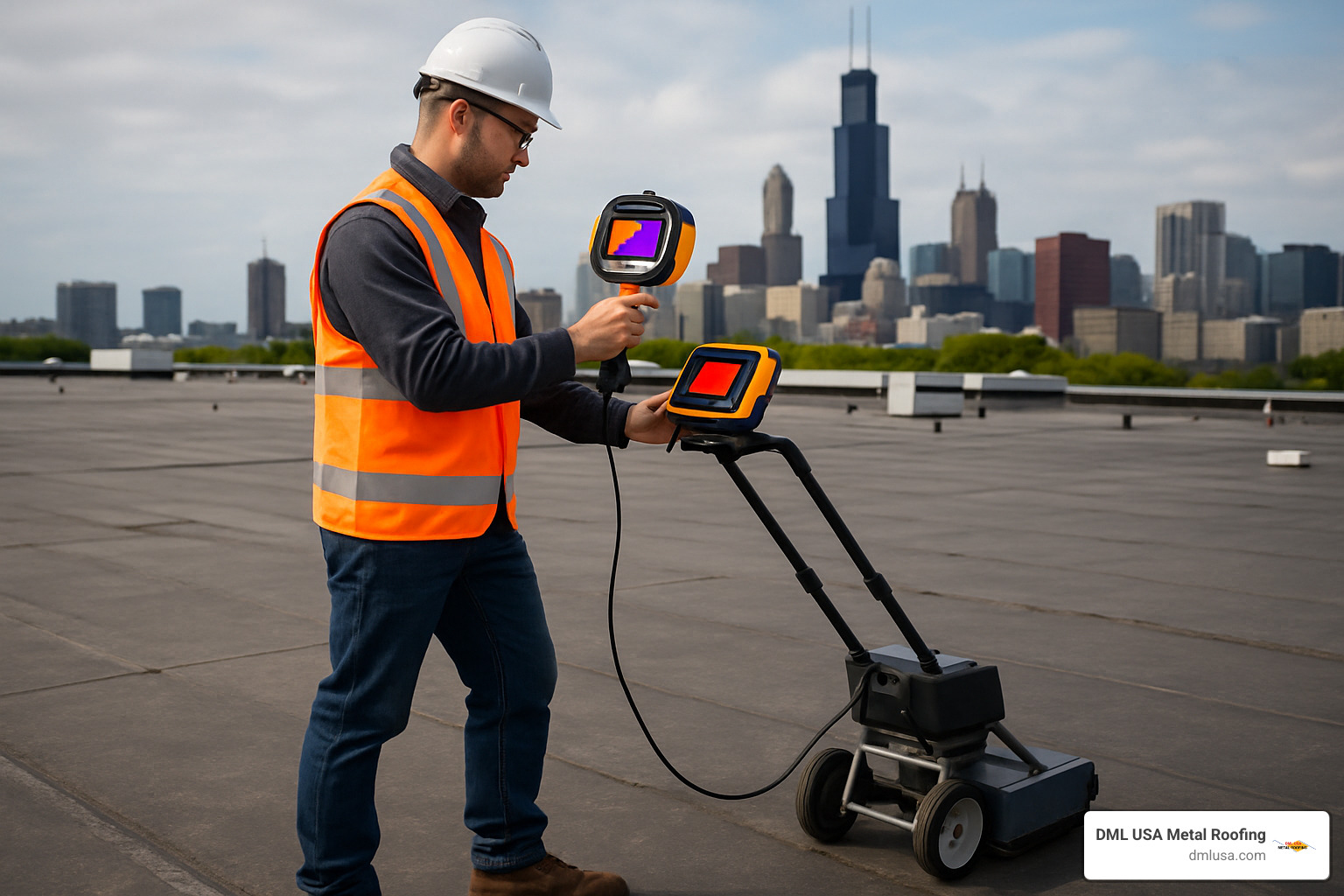 infrared moisture scan being performed on Chicago commercial roof - commercial roofing Chicago