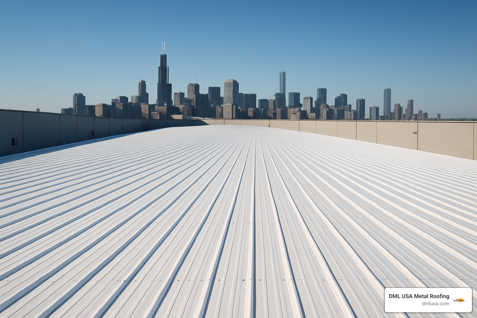 completed metal roof on Chicago commercial warehouse with skyline in background - commercial roofing Chicago