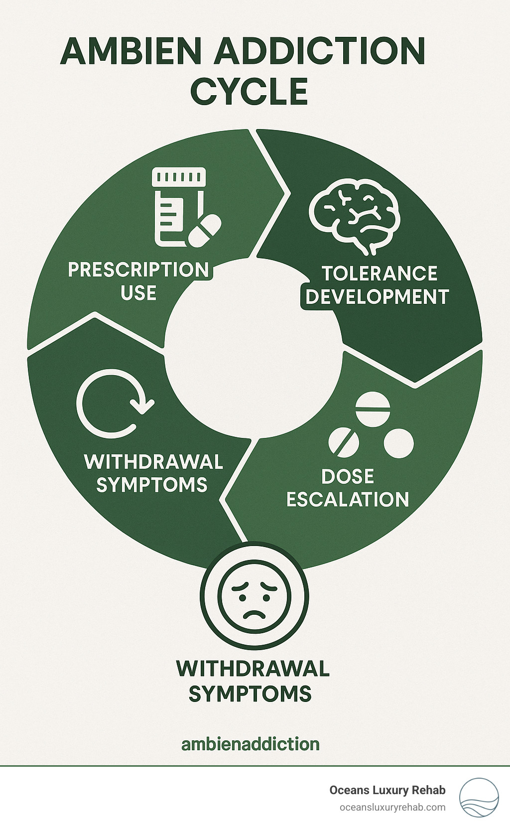 Ambien addiction cycle showing prescription use, tolerance development, dose escalation, withdrawal symptoms, and continued use - ambien addiction infographic 