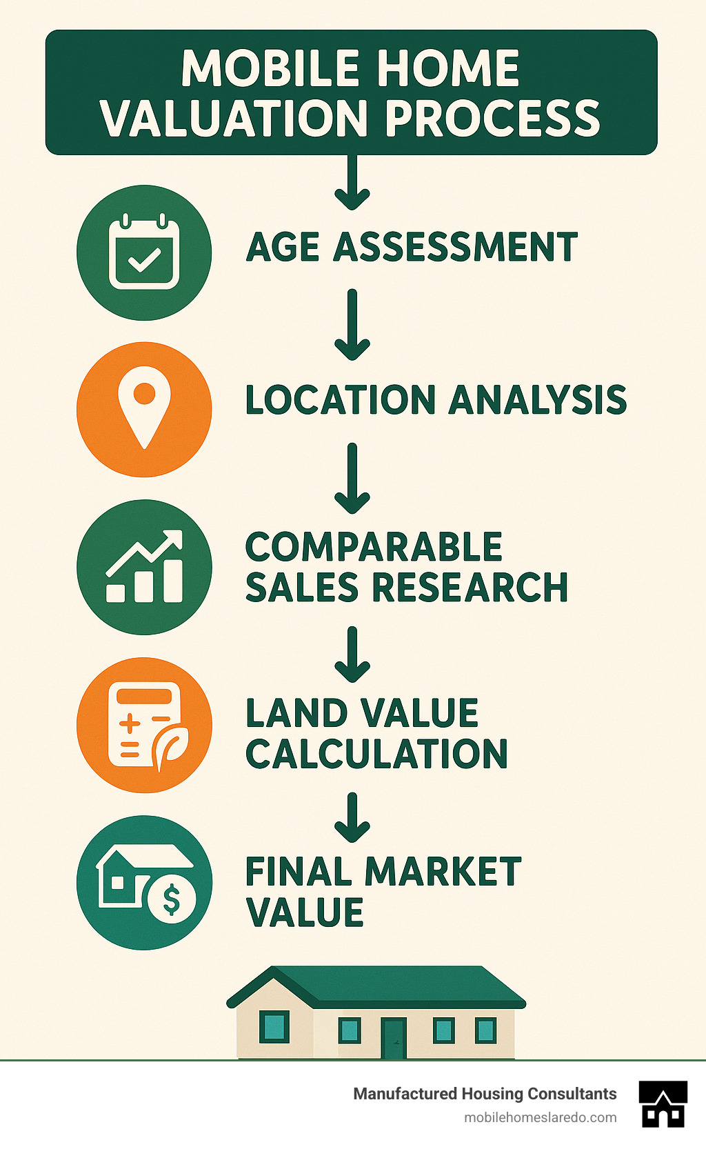 Infographic showing the mobile home valuation process flow including age assessment, location analysis, condition evaluation, comparable sales research, land value calculation, and final market value determination - mobile home values infographic 