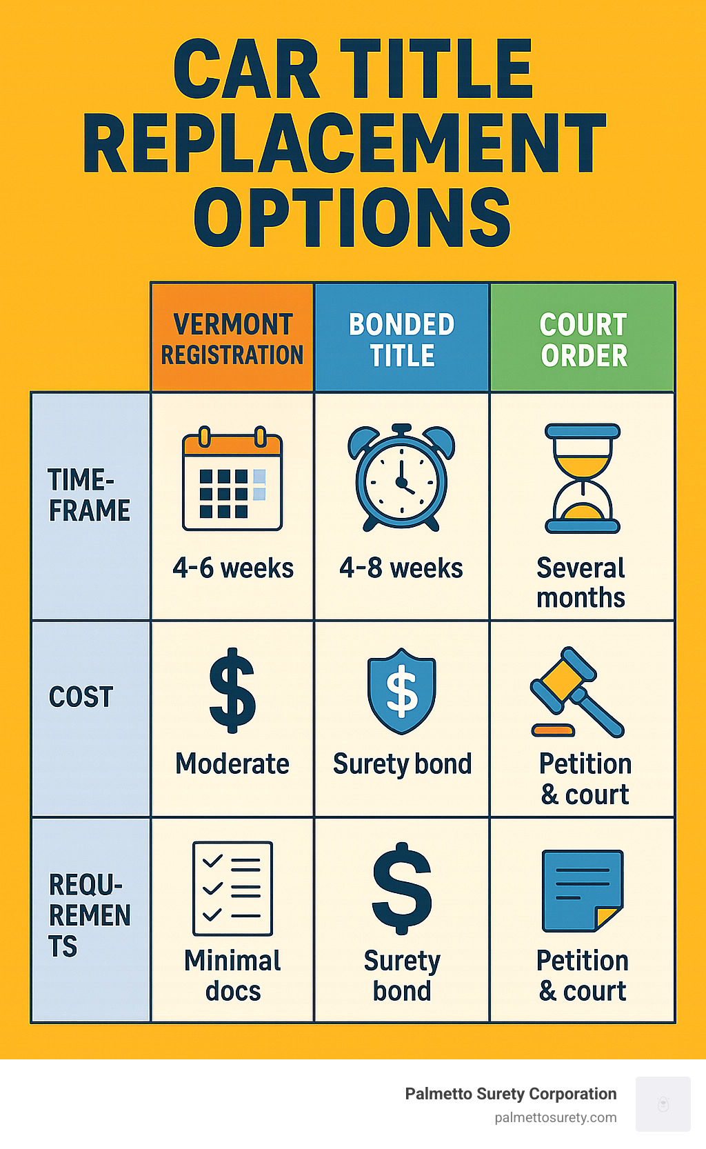 Lost your car title? Here's how to get a new one without hassle 8 Comparison of title replacement options showing timeframes, costs, and requirements for different methods - how to get a title for a car without title infographic