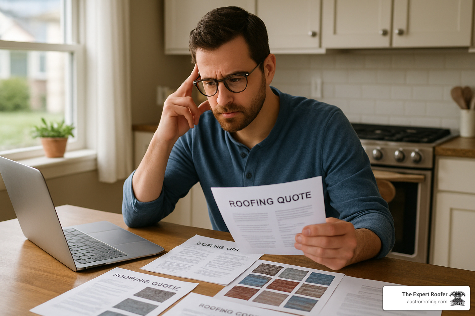 homeowner comparing roofing quotes - roof replacement near me