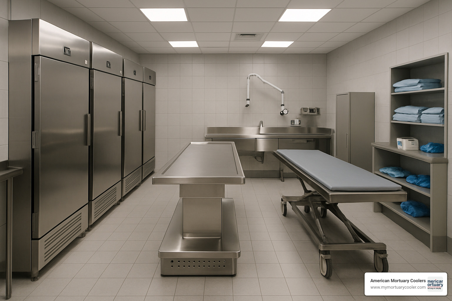 Complete mortuary preparation room layout showing refrigeration and workflow integration - morgue refrigerator for sale