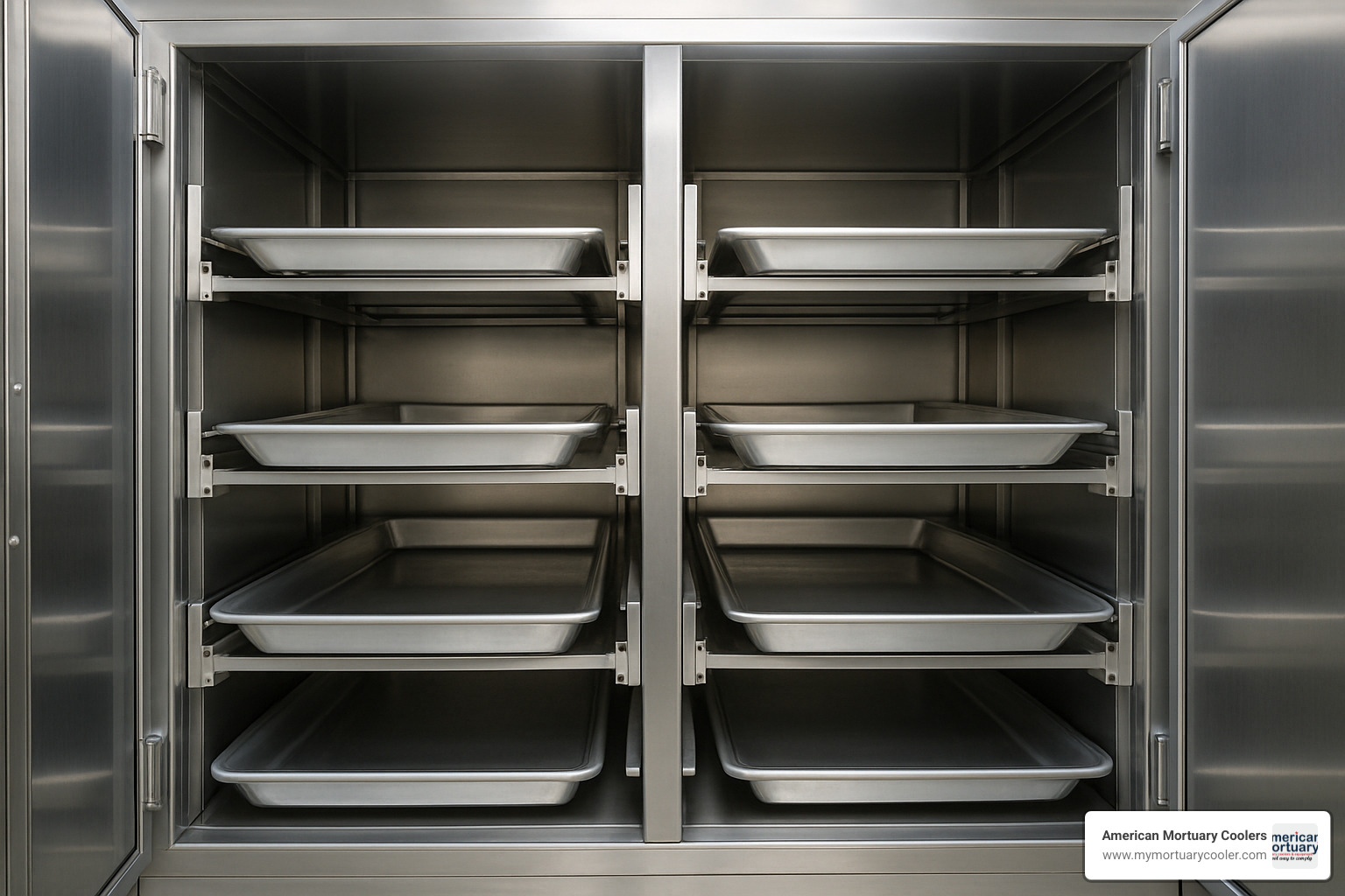 Interior rack system of a multi-body morgue refrigerator showing tray configuration - morgue refrigerator for sale