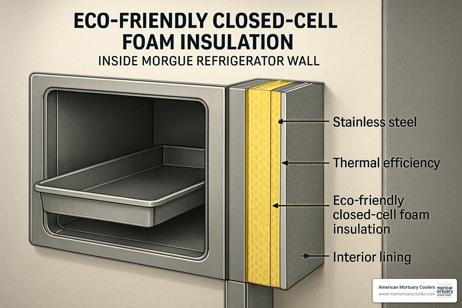Cross-section of eco-foam insulation used in high-efficiency morgue refrigerators - morgue refrigerator for sale