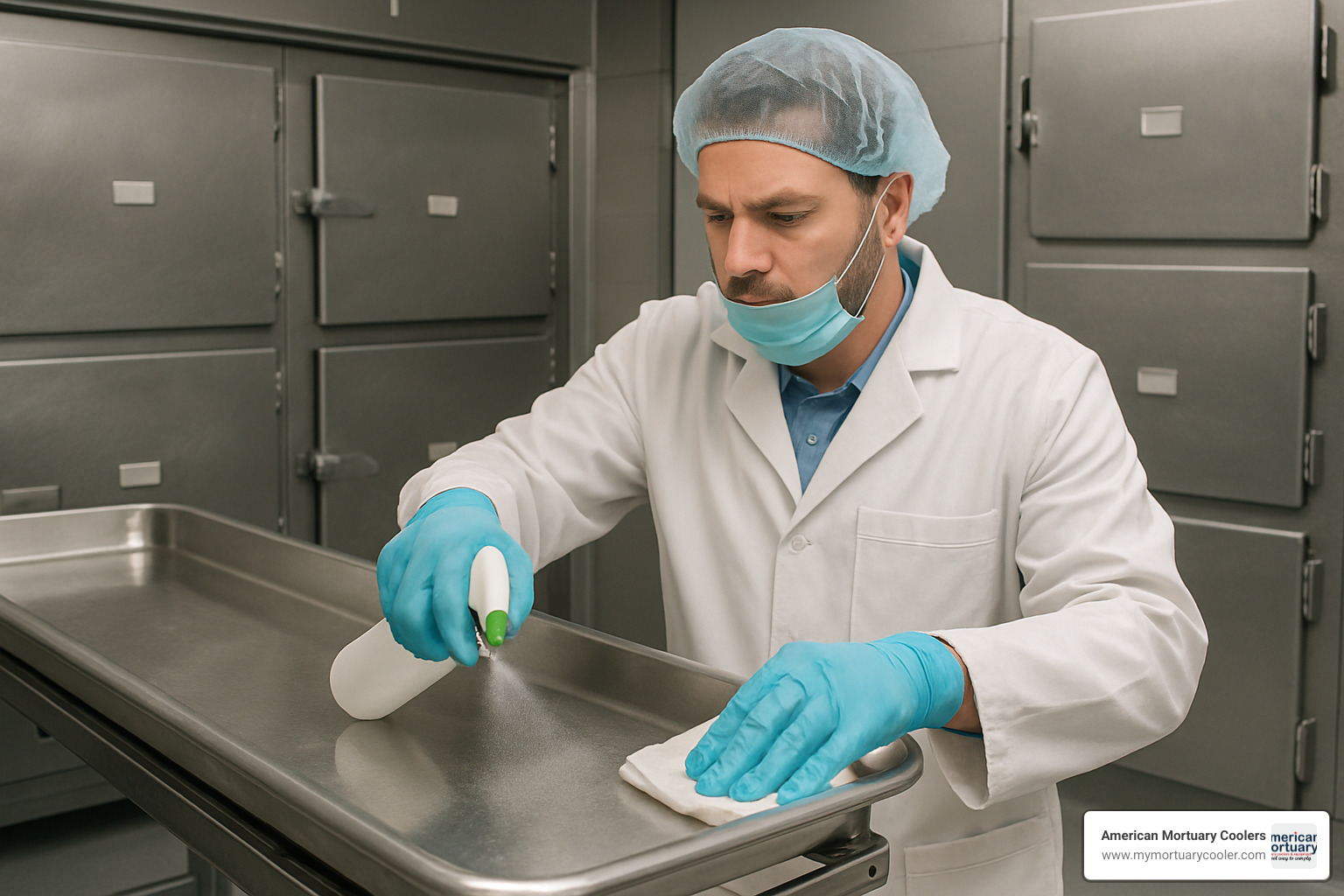 Technician sanitizing a morgue refrigerator tray using proper technique - morgue refrigerator for sale