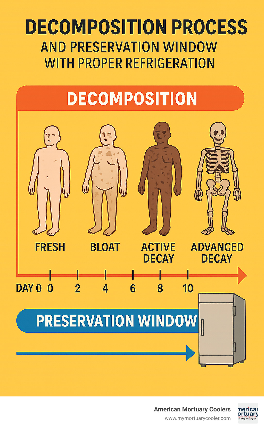Timeline showing decomposition process and preservation window with proper refrigeration - morgue refrigerator for sale infographic 
