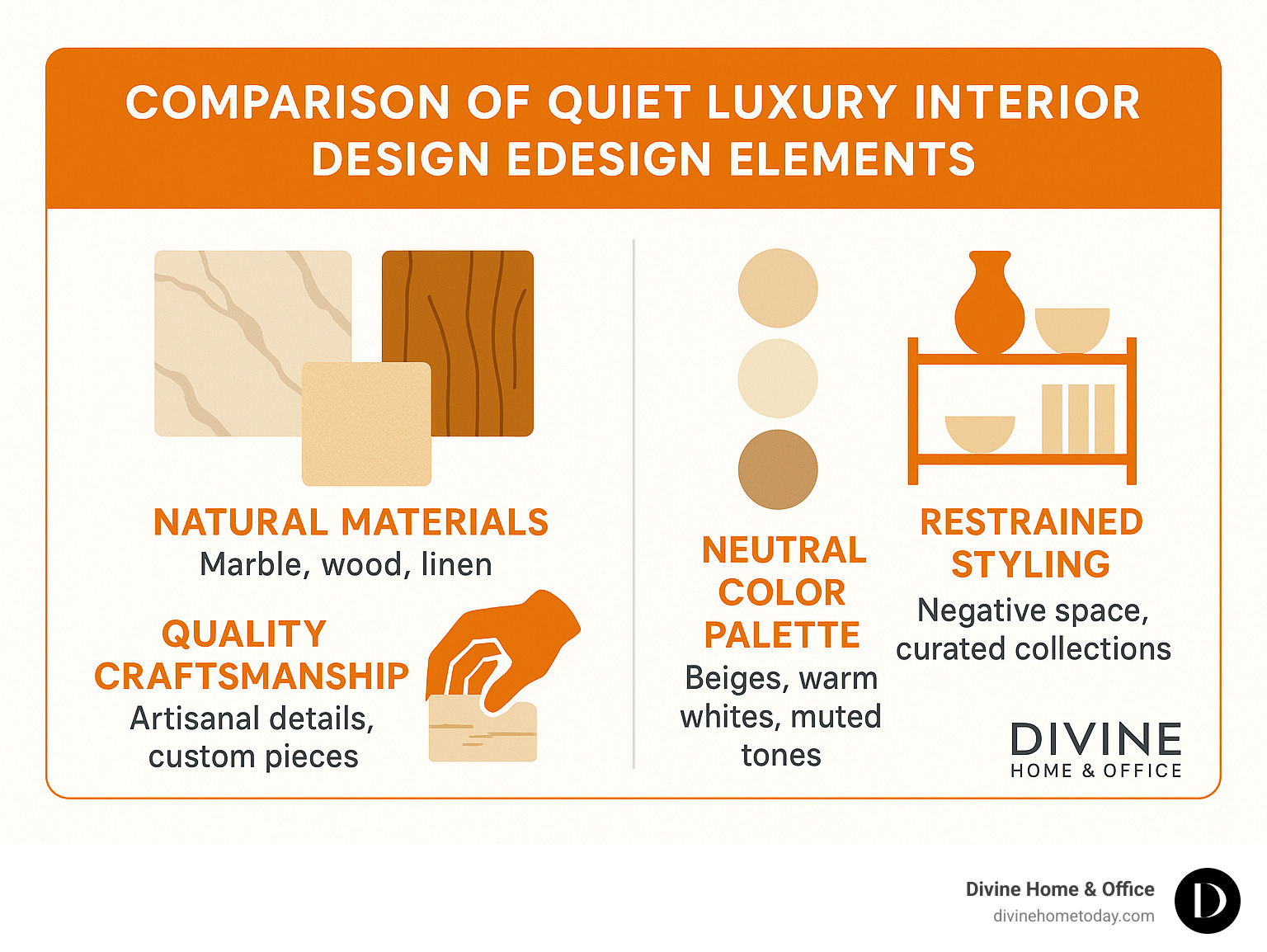 Comparison of quiet luxury interior design elements showing natural materials (marble, wood, linen), neutral color palette (beiges, warm whites, muted tones), quality craftsmanship (artisanal details, custom pieces), and restrained styling (negative space, curated collections) - quiet luxury interior design infographic 