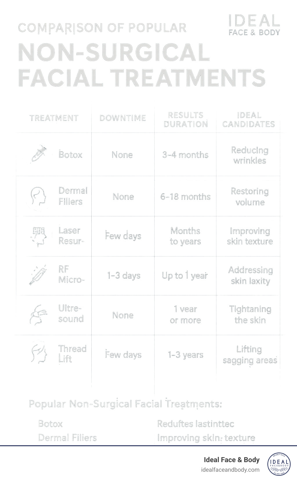 Comparison of popular non-surgical facial treatments showing treatment types, downtime, results duration, and ideal candidates for Botox, dermal fillers, laser resurfacing, RF microneedling, ultrasound therapy, and thread lifts - Non-surgical facial treatments infographic 