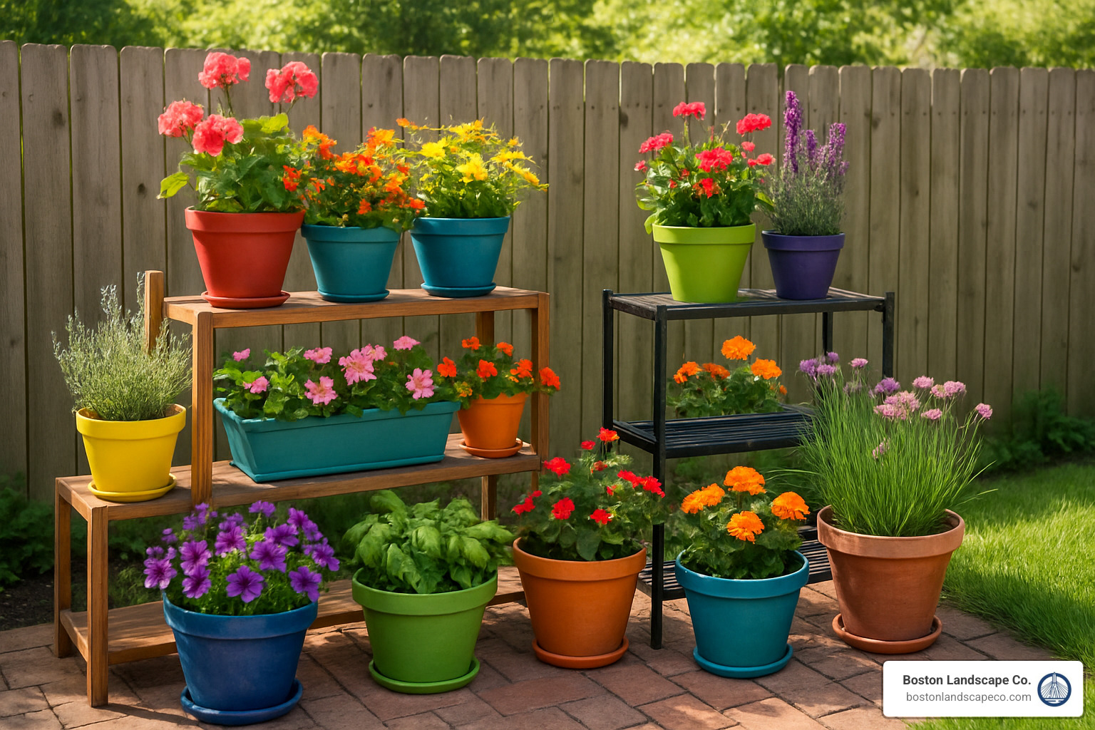 container garden with colorful pots arranged on tiered shelves - backyard garden ideas