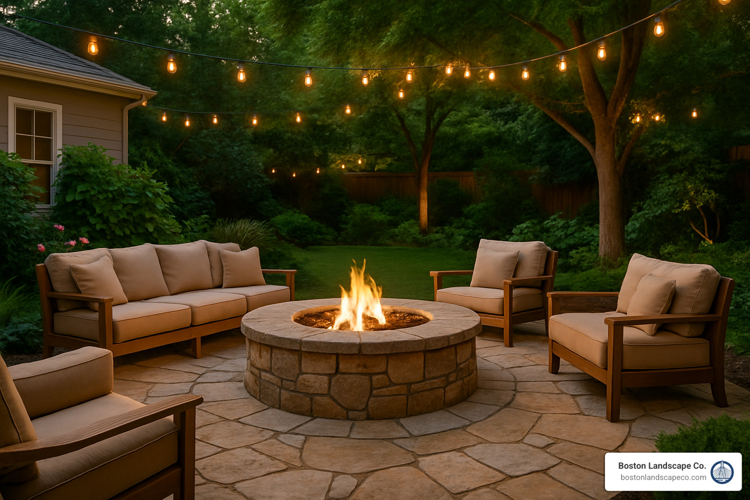 flagstone patio with built-in fire pit and comfortable seating - backyard garden ideas