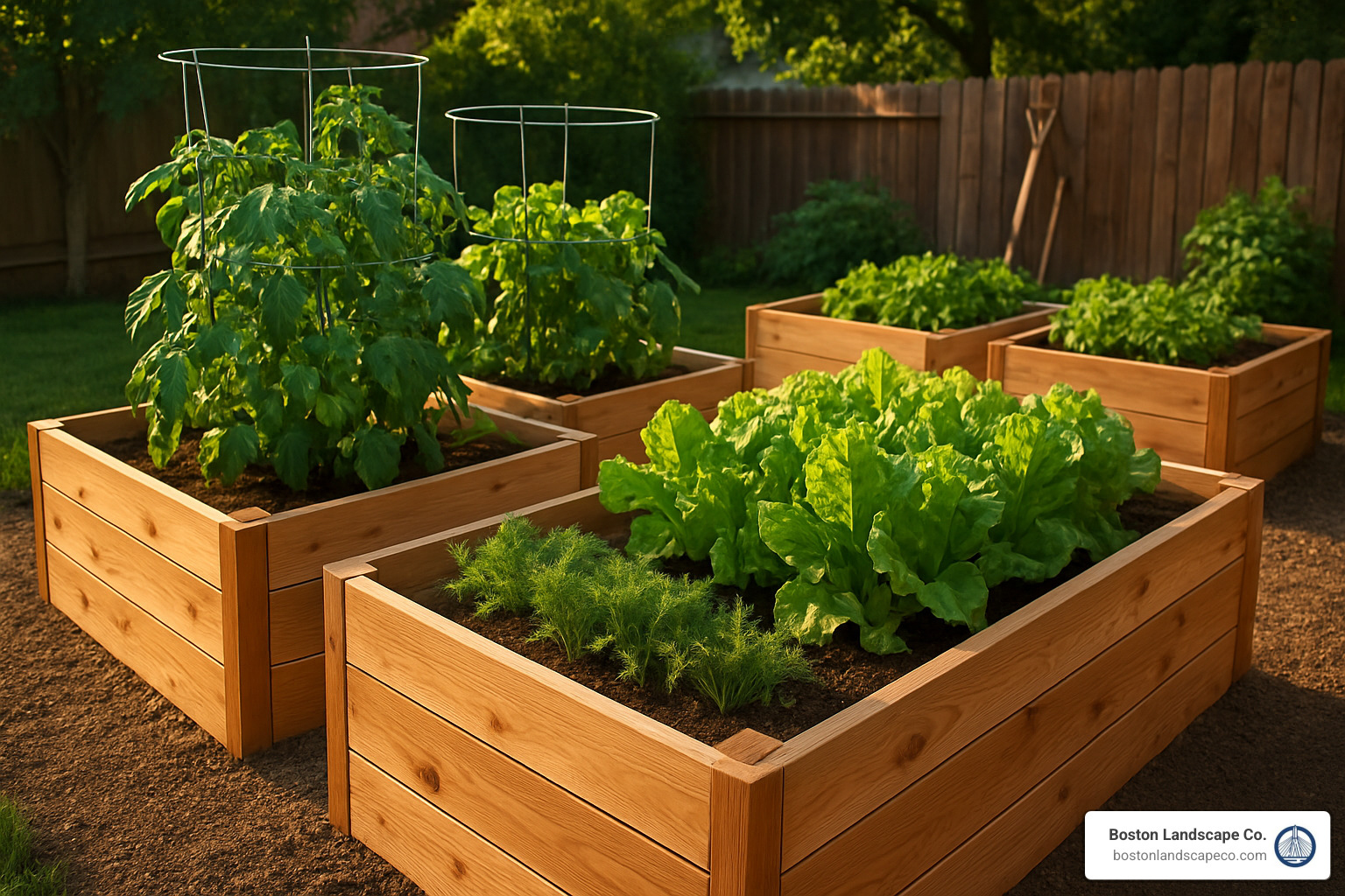 cedar raised garden beds with various vegetables growing - backyard garden ideas