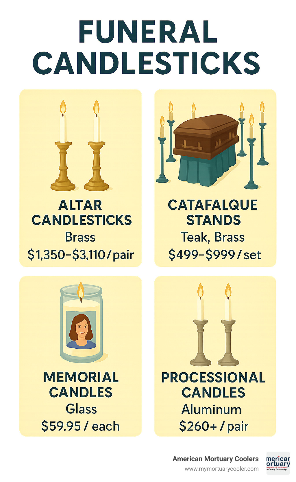 Diagram showing different types of funeral candlesticks including altar candlesticks (brass pair), catafalque stands (set of 6 around casket), memorial candles (personalized glass), and processional candles (for ceremonies), with material options and typical price ranges - funeral candlesticks infographic 