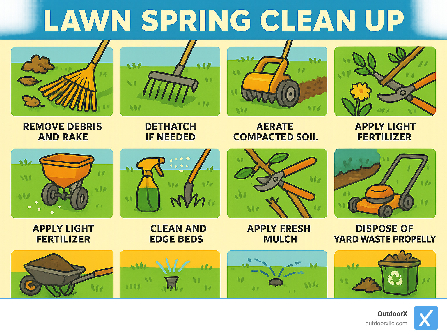 Step-by-step lawn spring clean up process showing: 1) Remove debris and rake, 2) Dethatch if needed, 3) Aerate compacted soil, 4) Overseed bare spots, 5) Apply light fertilizer, 6) Control early weeds, 7) Prune damaged branches, 8) Clean and edge beds, 9) Apply fresh mulch, 10) Check irrigation, 11) First mowing at proper height, 12) Dispose of yard waste properly - lawn spring clean up infographic
