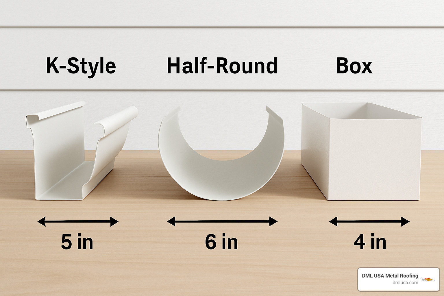 Different gutter profiles showing K-style, half-round, and box gutter options with size comparisons - standing seam gutter