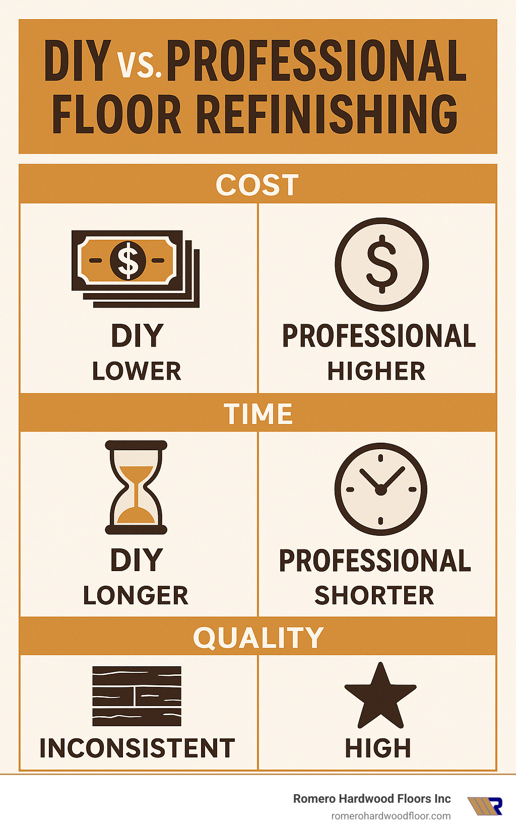 Comparison of DIY vs professional floor refinishing showing costs, time, and quality differences - Floor sanding and varnishing infographic