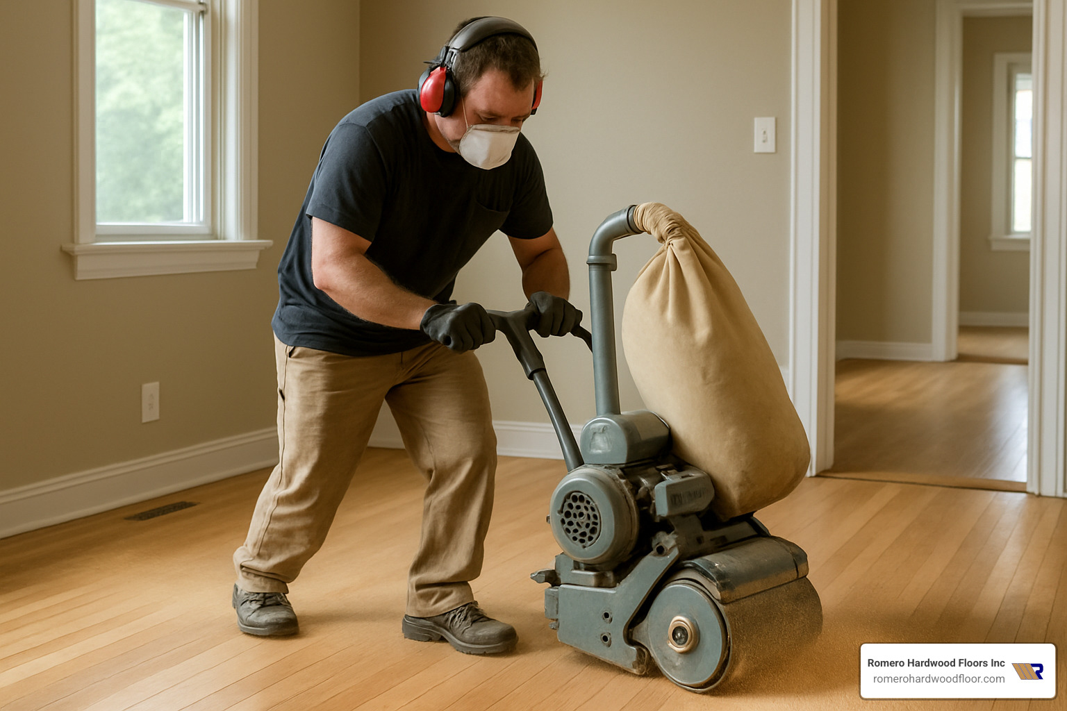 professional using a drum sander on hardwood floor - Floor sanding and varnishing
