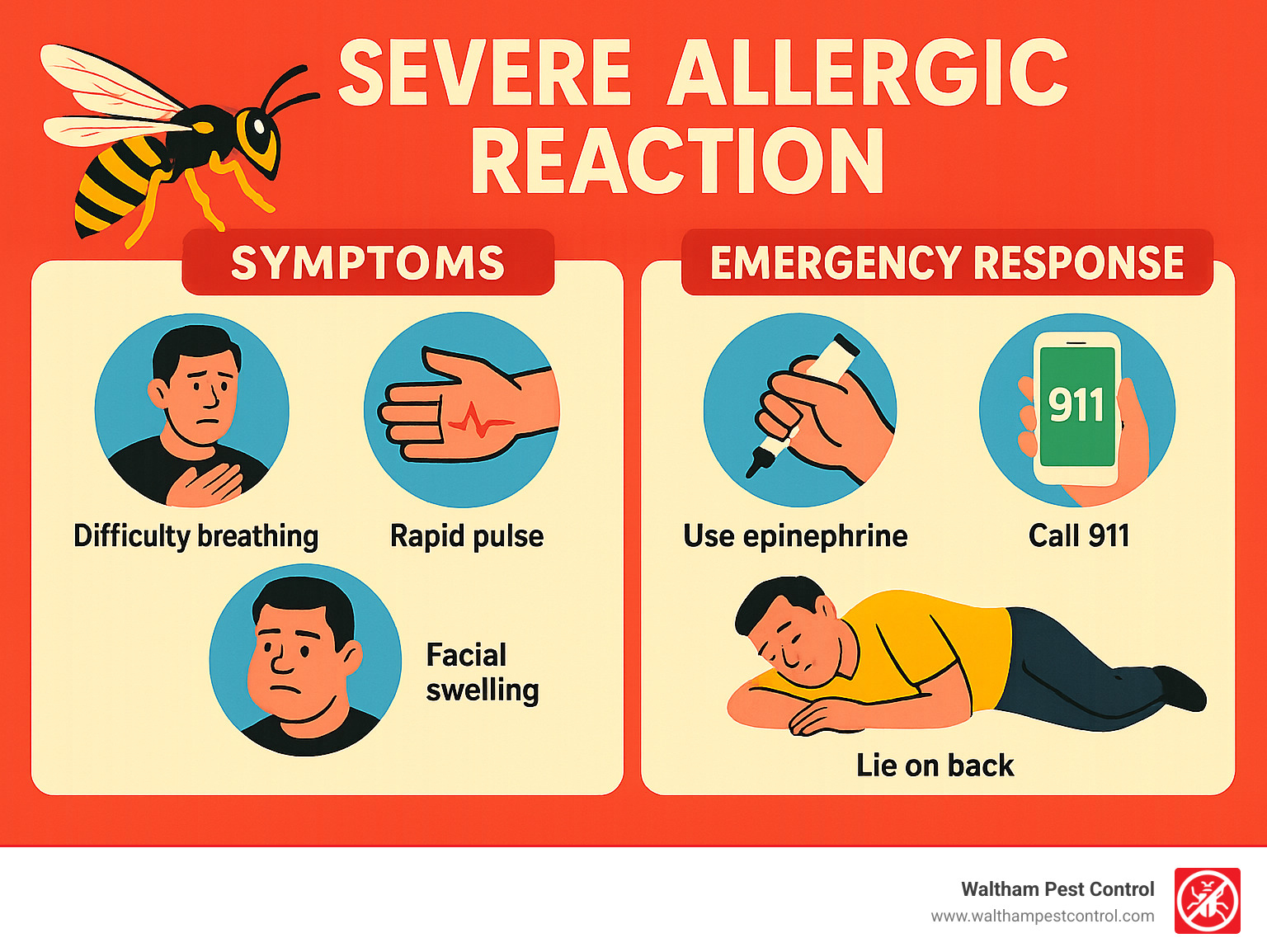 Severe allergic reaction symptoms and emergency response steps - are black and yellow wasps dangerous infographic