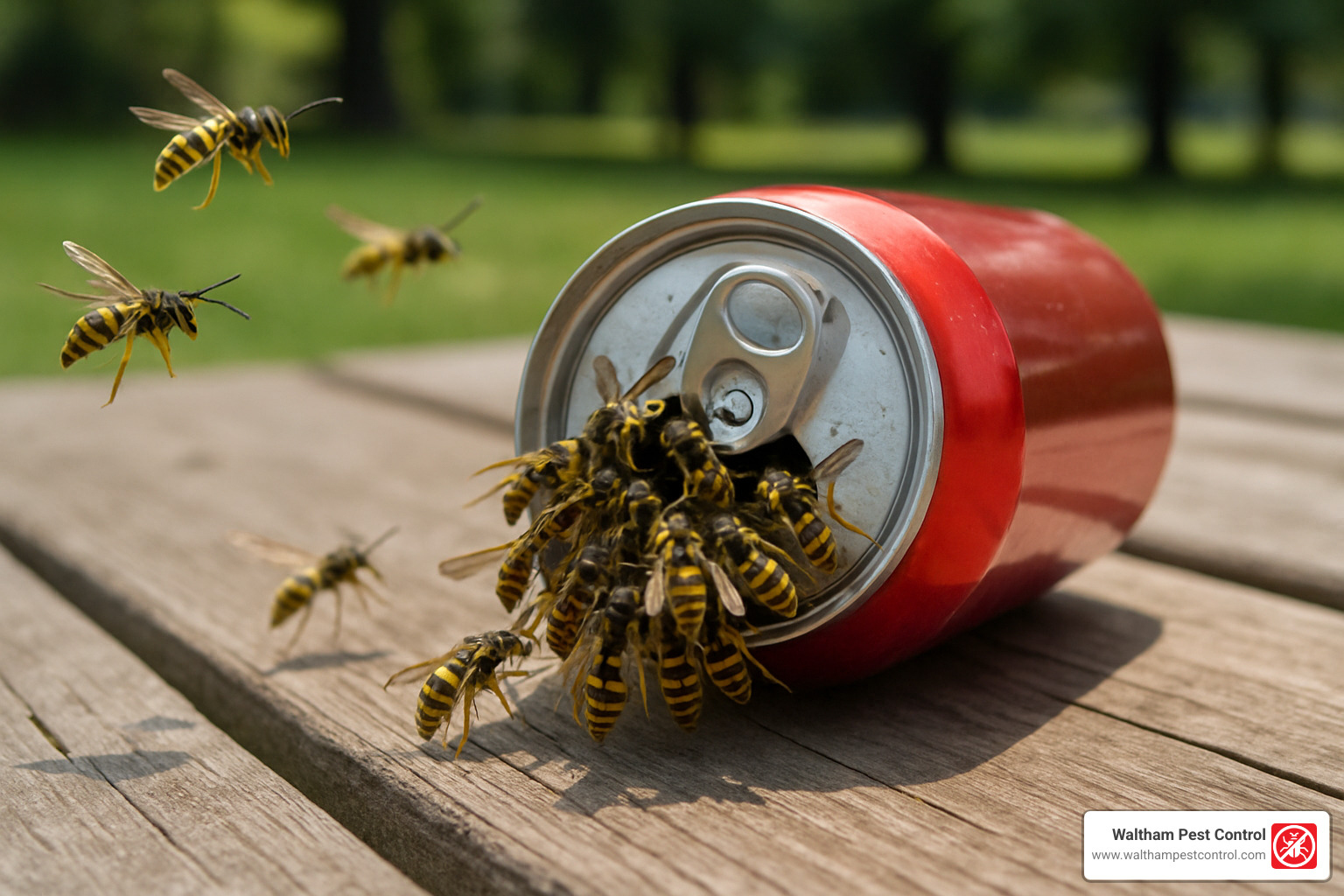swarm of yellow jackets around a discarded soda can - are black and yellow wasps dangerous