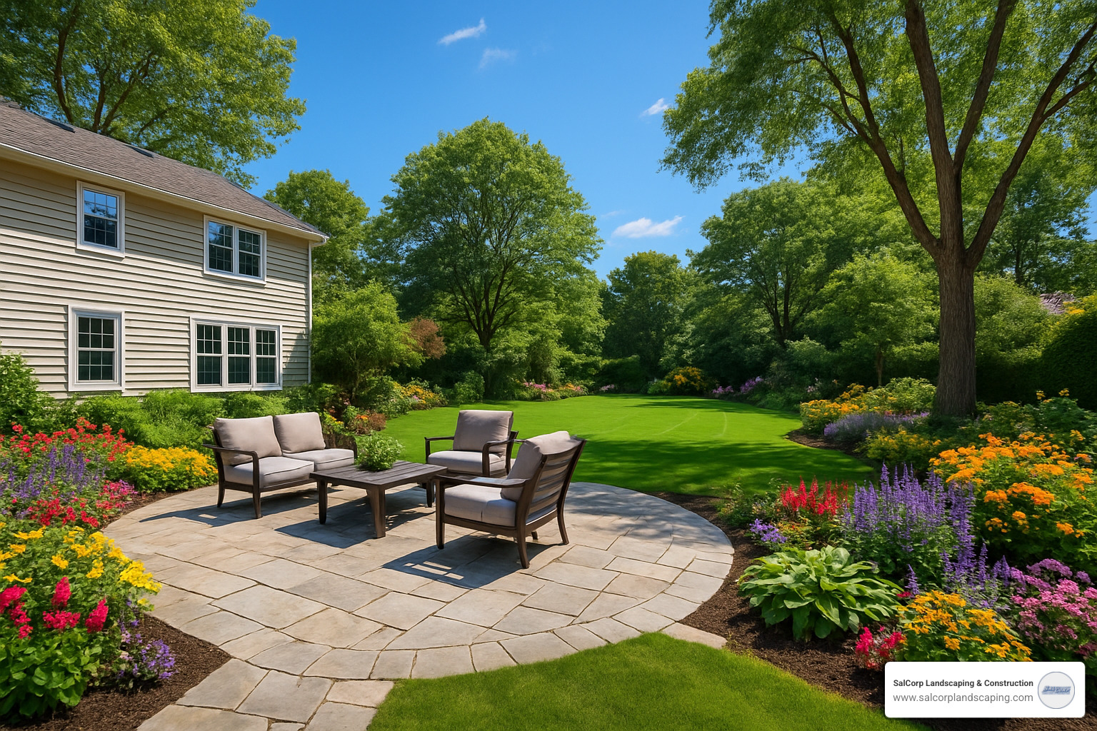 Beautiful backyard change with patio and landscaping - Landscape Contractors Near Me