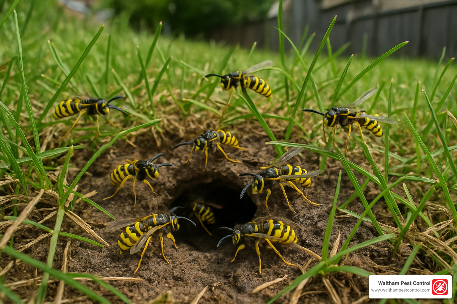 entrance to underground yellowjacket nest with wasps coming and going - are black and yellow wasps dangerous