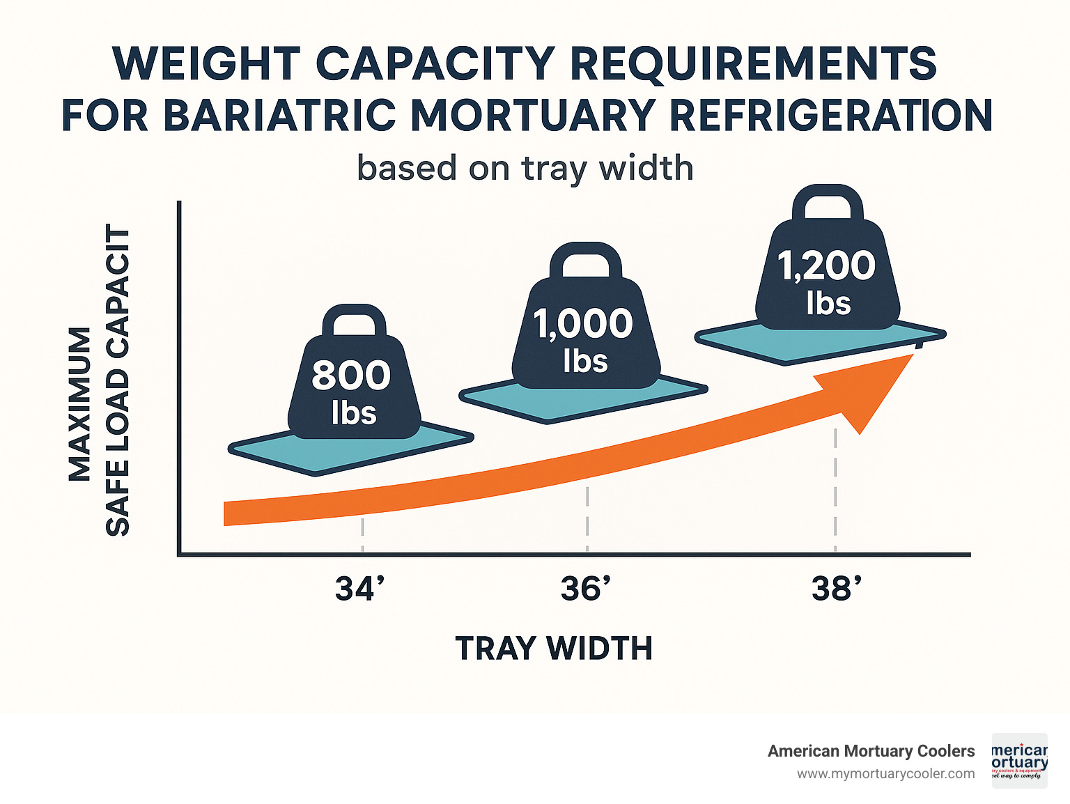Weight capacity requirements for bariatric mortuary refrigeration based on tray width, showing the correlation between increasing tray width and maximum safe load capacity - bariatric mortuary fridge infographic 