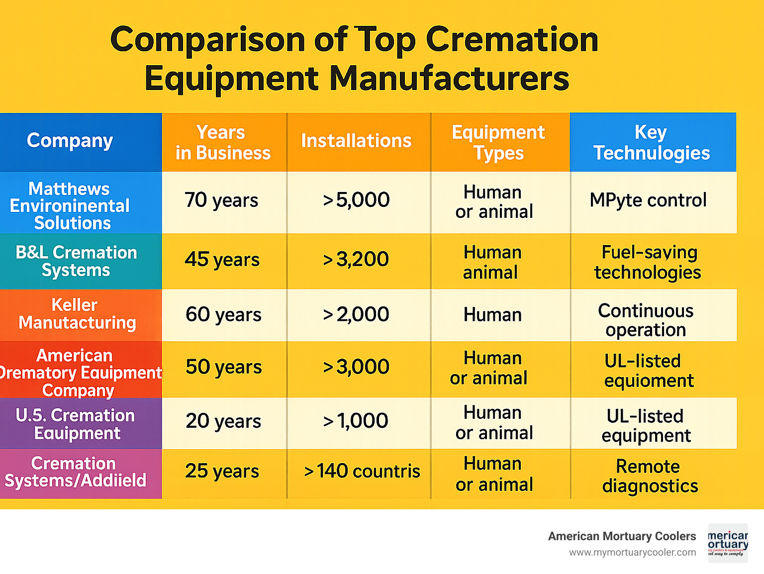 Comparison of top cremation equipment manufacturers showing company names, years in business, number of installations, equipment types offered, and key technologies - cremation equipment manufacturers infographic 