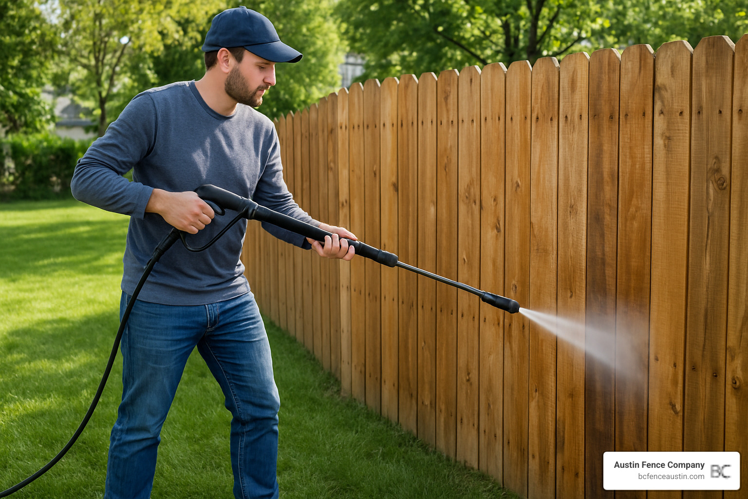 person power washing a wooden fence with proper technique - wood fence maintenance