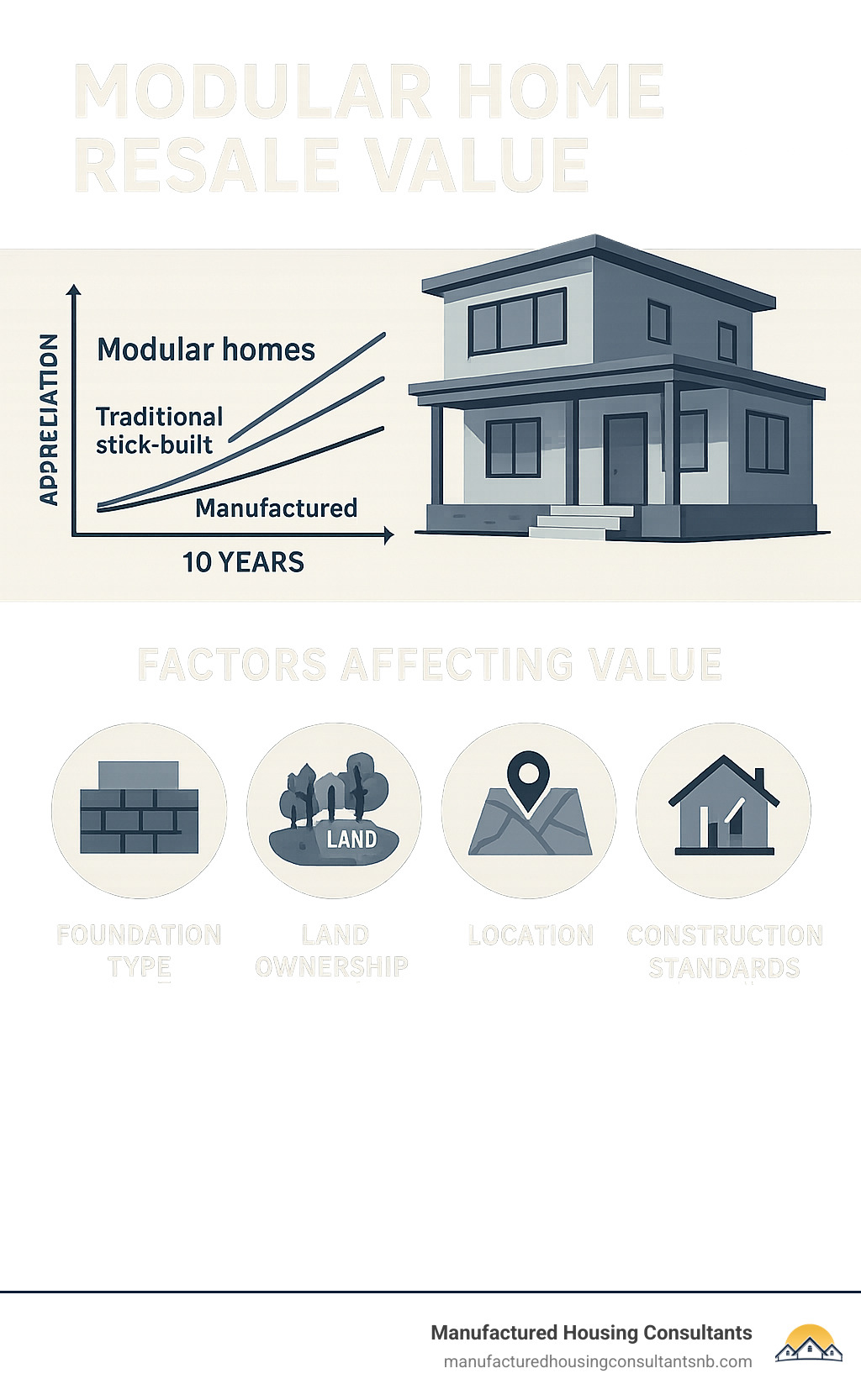 Modular home resale value comparison showing appreciation rates of modular homes vs. traditional stick-built homes vs. manufactured homes over 10 years, with factors affecting value including foundation type, land ownership, location quality, and construction standards - Modular home resale value infographic 