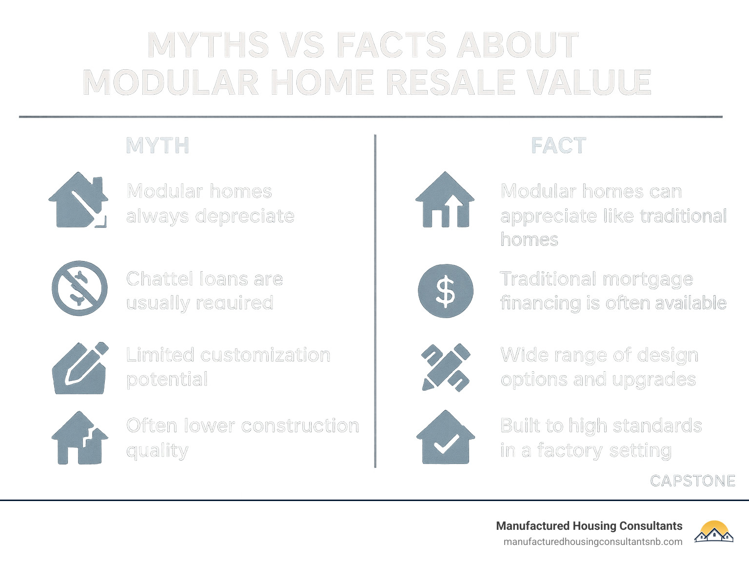 Myths vs Facts about modular home resale value, showing common misconceptions like "modular homes always depreciate" contrasted with data-supported facts about appreciation rates, financing options, customization potential, and construction quality - Modular home resale value infographic 