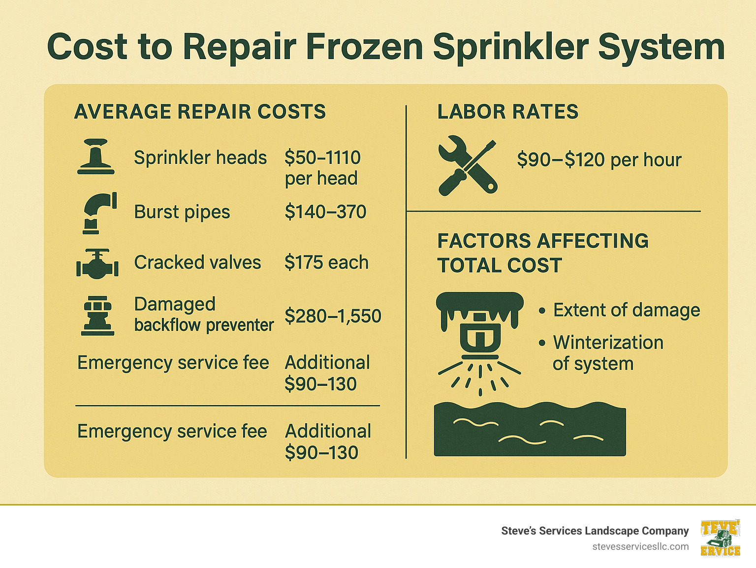 Detailed breakdown of freeze damage repair costs showing component prices, labor rates, and factors affecting total cost to repair frozen sprinkler system - cost to repair frozen sprinkler system infographic 