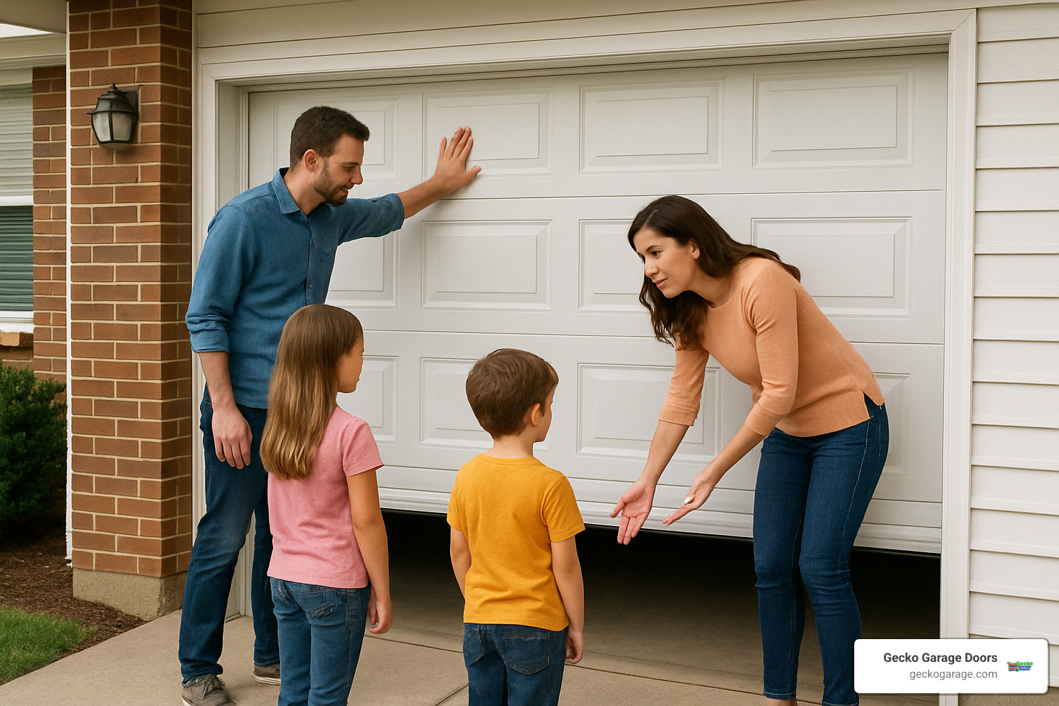 Children being taught garage door safety by parents - May is garage safety month