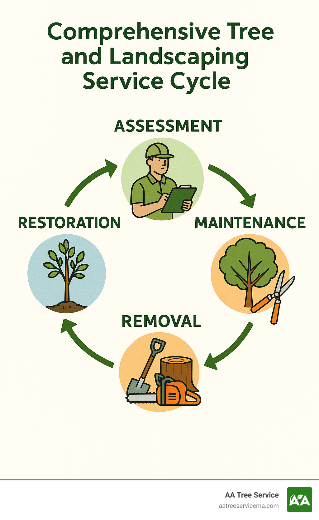 Comprehensive tree and landscaping service cycle showing assessment, maintenance, removal and restoration phases with corresponding seasonal timing and professional equipment required for each phase - tree and landscaping services infographic 
